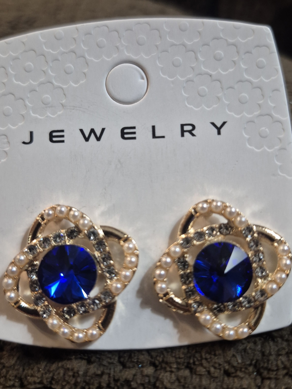 Fashion Jewelry Gold-Tone Pearl & Royal Blue Crystal Earrings
